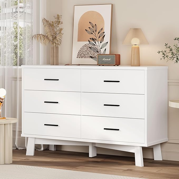 Xixini Dresser for Bedroom, 6 Drawer Wide Modern Chest of Drawers with X-Shaped Sturdy Base, Wood Double Dresser Closet Clothes Storage Organizer, Wooden TV Stand for Living Room, Hallway, White