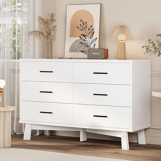 Xixini Dresser for Bedroom, 6 Drawer Wide Modern Chest of Drawers with X-Shaped Sturdy Base, Wood Double Dresser Closet Clothes Storage Organizer, Wooden TV Stand for Living Room, Hallway, White