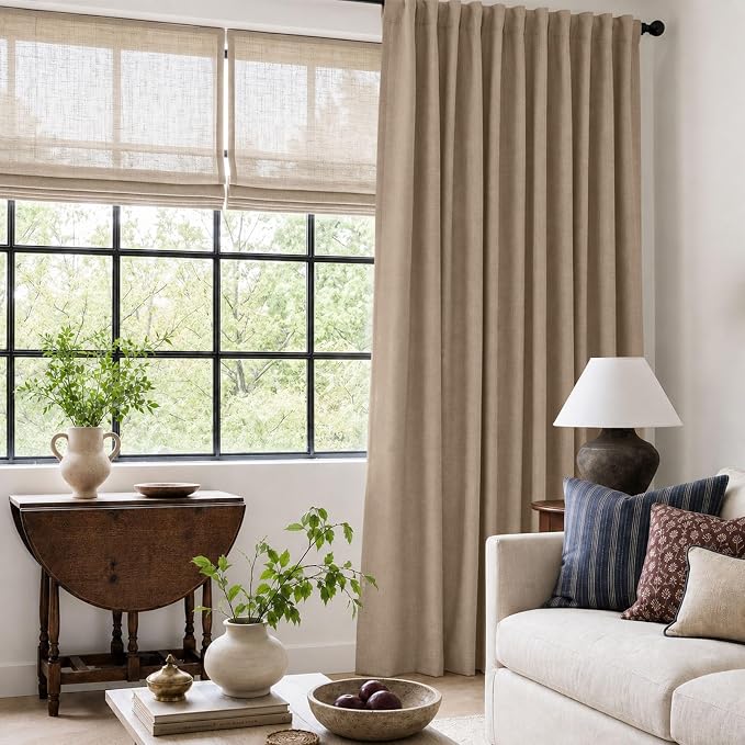 Linen Textured Blackout Sliding Door Curtains 96 Inches Long, Copper Brown | 100% Blackout Shield Back Tab/Rod Pocket Sliding Door Curtains, Thermal Insulated Curtains 1 Panel Set, 100"W x 96"L