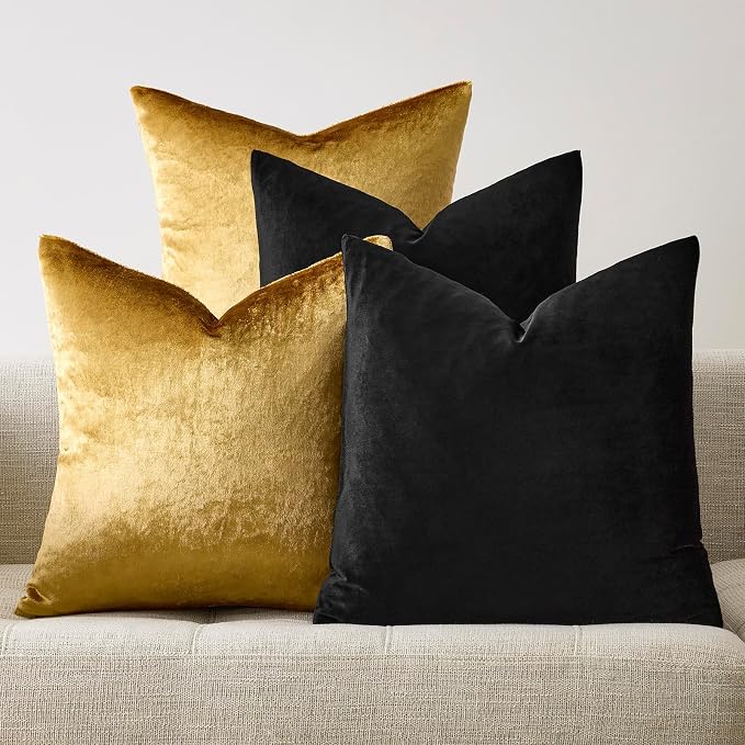 GIGIZAZA Pack of 4 Decorative Velvet Pillow Covers 18x18 Black Gold | Throw Pillows for Couch Sofa,280gsm Soft Textured Fabric,Modern Pillowcases,Luxury Living Room Cushion Covers
