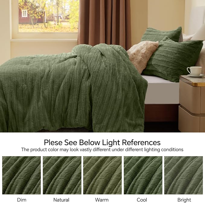 BEDELITE Faux Fur Queen Comforter Set, Fluffy Bed Set, Olive Green | Super Soft & Warm, Luxury Fuzzy Cozy Comforter for Winter, Heavy Plush Bed set, with 2 Pillowcases