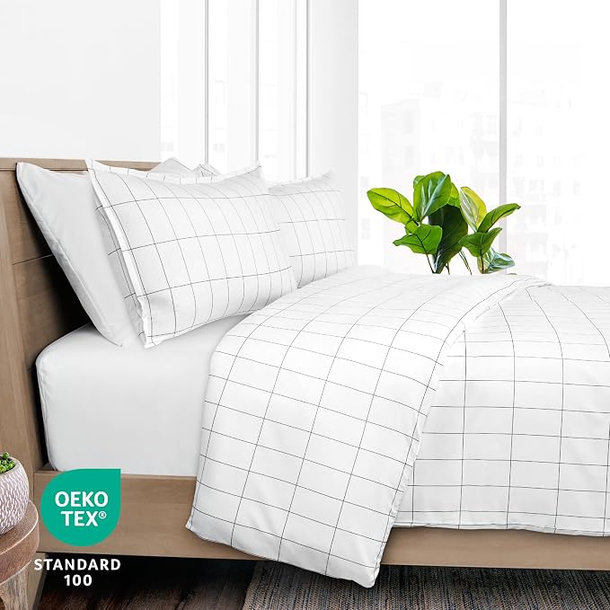 Bare Home Duvet Cover Set 1800 Ultra-Soft (Twin/Twin XL, Grid - White/Grey) | Lightweight, Cooling, Breathable, Premium 1800 Ultra-Soft, All-Season