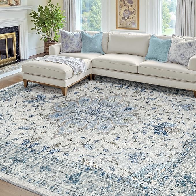 RELEANY Washable Area Rug, 7'x10', Blue/White/Gray | Non-Slip, Water Repellent, Pet Friendly, Easy to Clean, Vintage Floral Boho Decor for Living Room Bedroom Dining Room Office