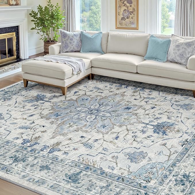 RELEANY Washable Area Rug, 7'x9', Blue/White/Gray | Non-Slip, Water Repellent, Pet Friendly, Easy to Clean, Vintage Floral Boho Decor for Living Room Bedroom Dining Room Office