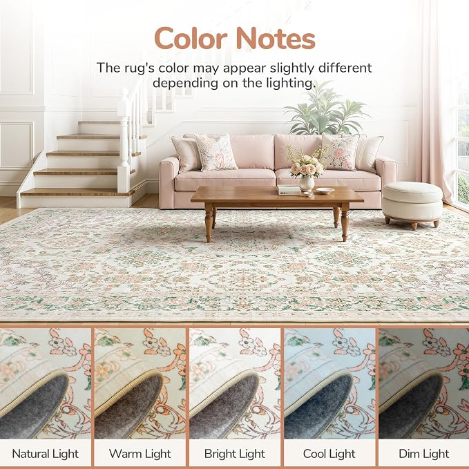 8x10 Area Rugs for Living Room,Large Washable Floral Carpet Pink | Durable Stain Resistant,Kid Pet Friendly,Compatible with All Vacuums,0.25inch Low Pile for Bedroom Dining Room Home Office