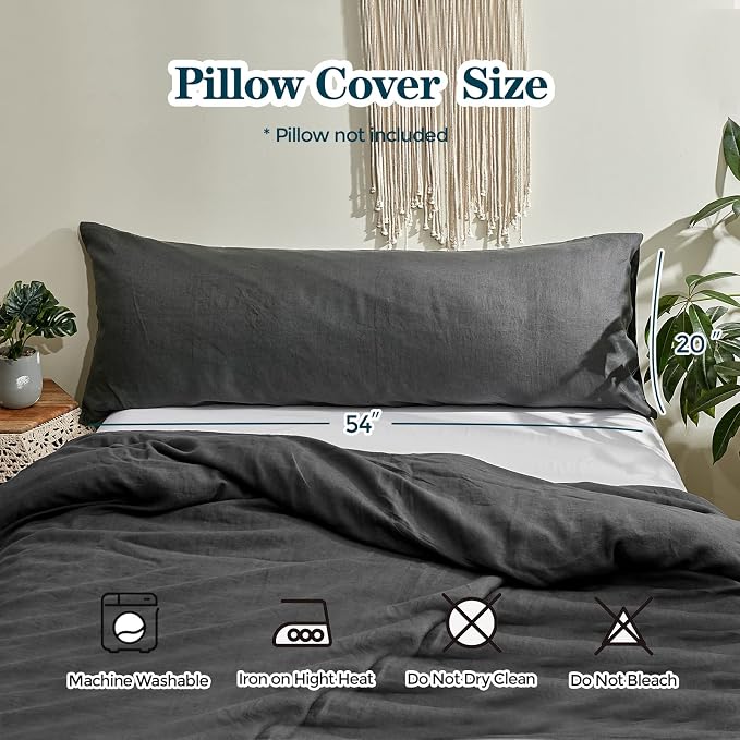 Simple&Opulence Body Pillow Cover 20" x 54",100% Pure Linen, Ultra Soft and Breathable, Body Pillowcase with Envelope Closure for Adults(Dark Grey)