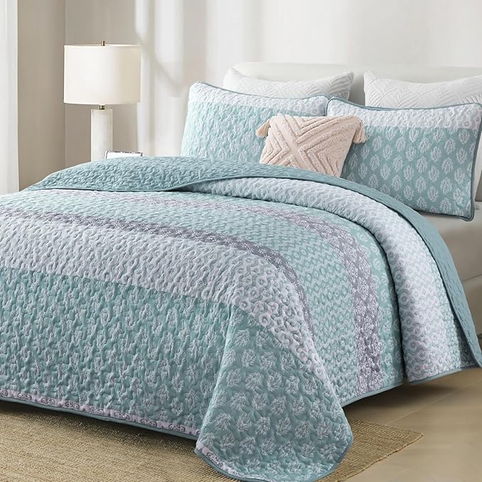 Cottolester Boho Full Size Quilt Set,Teal Striped Bedspread Bedding | Soft Microfiber Coverlet,Breathable All-Season,Machine Washable,3-Piece Set,Fits King 90"x78",Cozy Essential for Men Women
