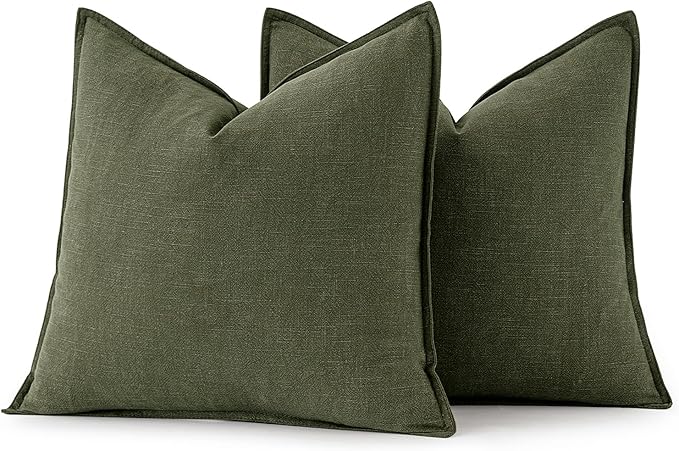 MIULEE Decorative Linen Euro Sham Pillow Covers 28x28 Inch Dark Olive Green | Boho Farmhouse Neutral Couch Throw Pillows for Bed, Pack of 2 Accent Modern Pillowcases, Sofa Livingroom Home Decor