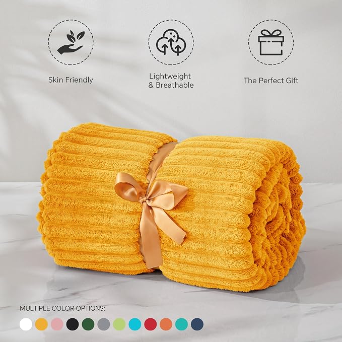 BEDELITE 3D Ribbed Mustard Yellow Fleece Twin Blanket for Couch, 60x80 Inch | Soft Warm Fluffy Blanket for Bed Sofa College Dorm Room Decor, Luxury Cozy Plush Birthday Gifts for Women Girls, Lightweight