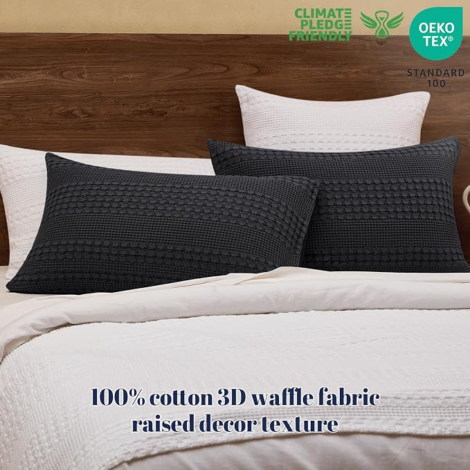 PHF 100% Cotton Waffle Pillow Shams King Size, 2 Pack 20" x 36" Soft Skin-Friendly Pillowcases, No Filling, Aesthetic Woven and Breathable Waffle Weave Pillow Case Covers for Bed, Black
