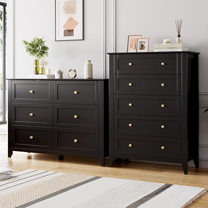 Garvee Black 5-Drawer Dresser for Bedroom, 42.7"H Storage Drawers Organizer | Modern Lacquered Chest of Drawers, 15.8"D x 31.5"W x 42.7"H, Storage Dresser with Deep Drawers for Home Office