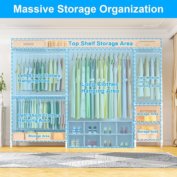 E10 Clothes Rack（With Stretchable Hanger Rod）Freestanding Clothing Racks for Hanging Clothes，Adjustable Closet Organizer System，Portable Garment Rack 73-97"W x 15" D x 72" H，Max Load 800LBS，White