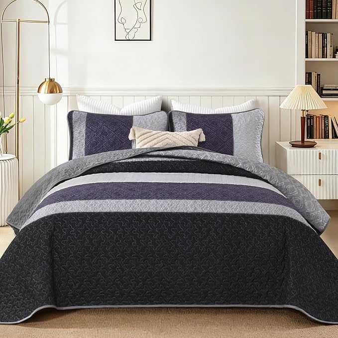 Cottolester Quilts Queen Size,Black Purple Striped Bedspread Coverlet Set | Modern Boho Style,Striped Plaid Design,Ultra Soft Lightweight Microfiber Quilted Bedding Sets for All Seasons 96"x90"