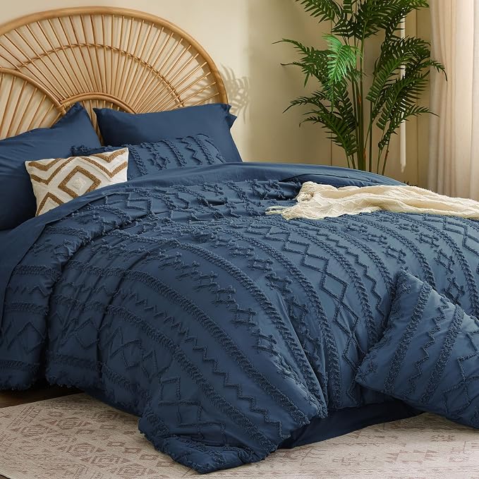 BEDELITE Full Comforter Set 7 Pieces,Boho Bed in a Bag,Navy Blue | Tufted Bed Set for All Seasons,Soft Farmhouse-Style Embroidery Bedding,Includes Flat & Fitted Sheets,2 Pillowcases & 2 Shams