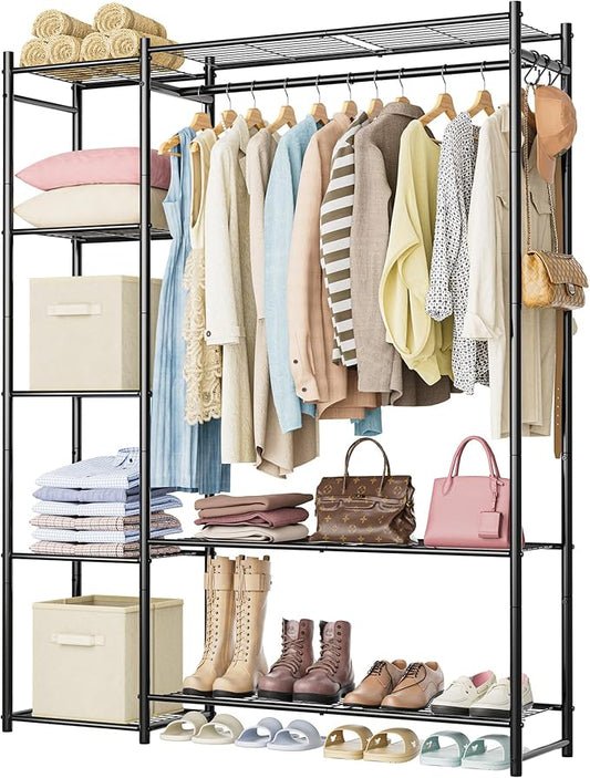 HOMIDEC Wardrobe Closet,Portable Clothes Rack with 4 Tiers Shelves | Freestanding Closet Organizers and Storage System with Hanging Rod,Steel Clothing Rack Suitable for Cloakrooms,Bedrooms.Black