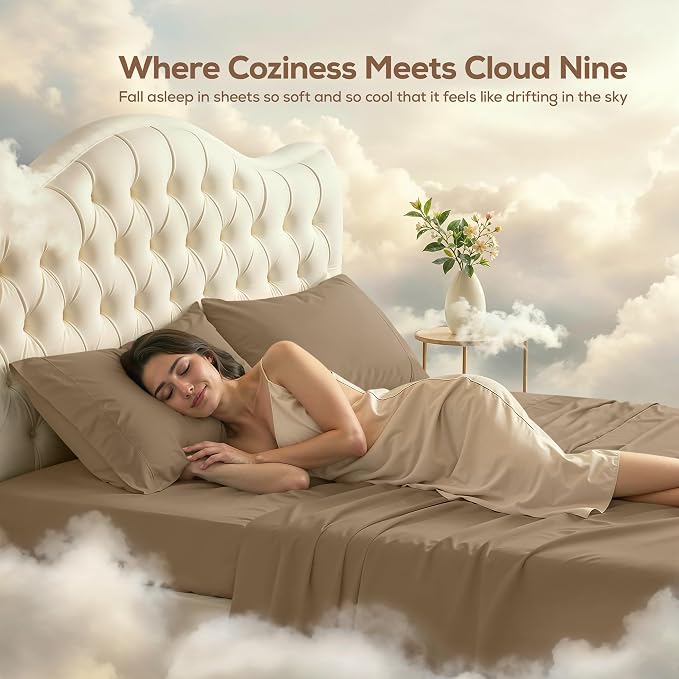 California King Sheets Set, 4 Pieces 16" Deep Pocket Bed Sheets, Sand | Extra Soft Bedsheet Set, Comfy & Breathable Cooling Sheets, Wrinkle & Fade Resistant, Fitted Sheet, Flat Sheet, 2 Pillowcases