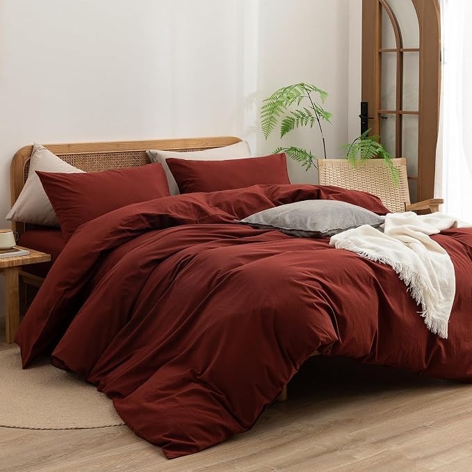 BESTOUCH Cotton Solid Duvet Cover Set Fired Brick Red Oversized Full | 100% Washed Cotton, Soft Wrinkle Texture, Hidden Zipper, 8 Ties, Breathable Lightweight Durable Comfy, 3 Pcs No Insert