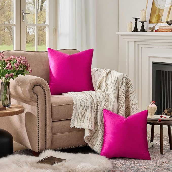 GIGIZAZA Hot Pink Velvet Pillow Covers 18x18 Decorative Pillows Pack of 2 | Throw Pillows for Couch Sofa,280gsm Soft Textured Fabric,Modern Square Pillowcases,Luxury Cushion Covers