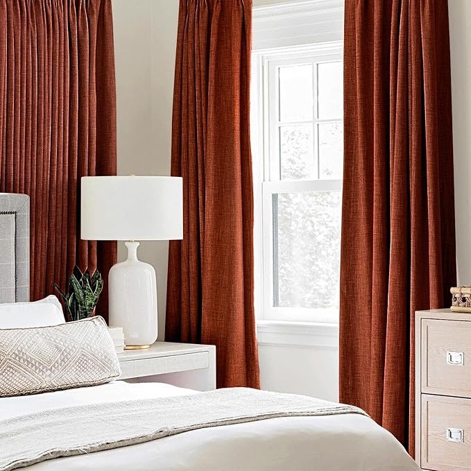 MIULEE 100% Blackout Linen Curtains for Bedroom 52x108 Inches Burnt Orange | Room Darkening, Light Blocking, Thermal Insulated, Grommet Top, Linen Textured, Fall Curtains for Living Room, 2 Panels