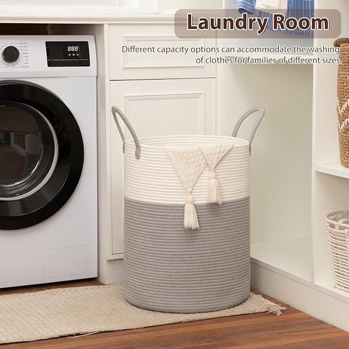 OIAHOMY 100L Nursery Hamper Laundry Basket Laundry Hamper Grey/White | collapsible Blanket Basket Cotton Rope Woven Basket Dirty Clothes Hamper Baby Hamper Tall Clothes Hamper with Handles