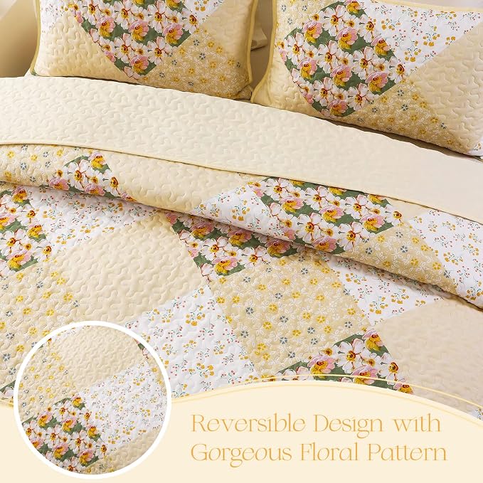 Exclusivo Mezcla Reversible Boho Quilt King Size Yellow | Lightweight Soft Bedspreads, All Season Patchwork Coverlet Bedding Set, Printed Floral Pattern, 1 Quilt and 2 Pillow Shams