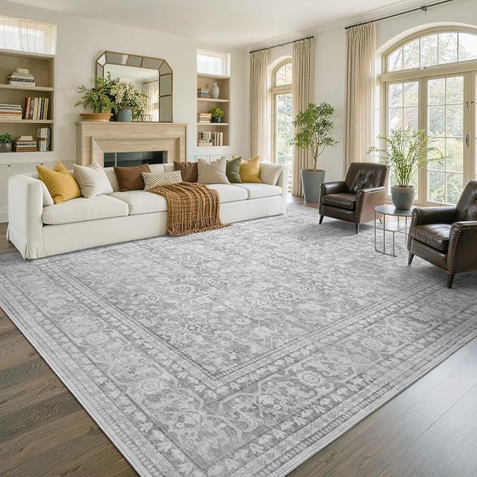 9x12 Ft Extra Large Area Rugs for Living Room, Soft Non-Slip Machine Washable Rug, Vintage Stain Resistant Carpets for Bedroom Nursery Dining Room Home Decor (Grey)
