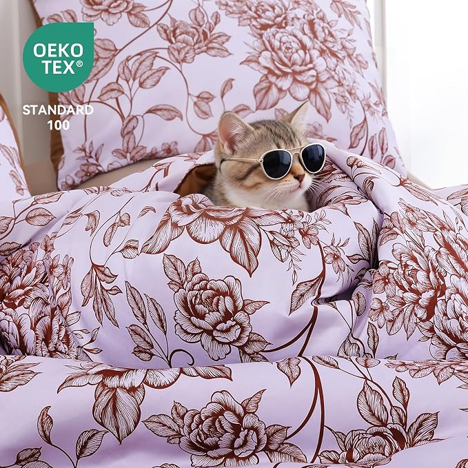 JANZAA Queen Size Comforter Set - Terracotta Floral Shabby Chic Bedding | 3 Piece Cute Floral Bedding for All Season, 1 Soft Fluffy Breathable Microfiber Comforter Set with 2 Pillowcases