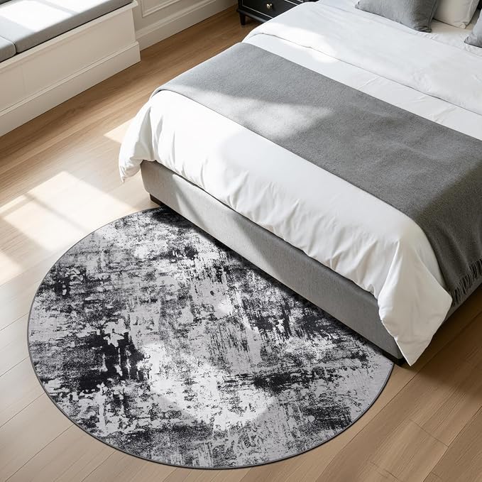 Rugflix Round Area Rugs 6Ft for Living Room, Washable Black Grey Circle Rug | Machine Washable; Stain-Resistant; Low Pile; Non-Slip; Modern Abstract; Carpet for Bedroom Dining Office Nursery Home