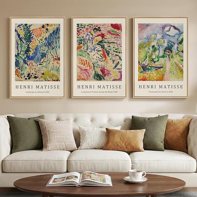 Large Framed Colorful Matisse Canvas Wall Art for Living Room, Set of 3 | Abstract landscape, Retro vintage, Fine art prints, 30x60 inch, Bedroom, Hallway, Home office decor