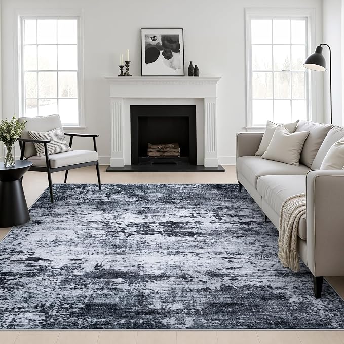 Area Rug Living Room: 8x8 Modern Washable Indoor Carpet Black | For Bedroom Dining Room Farmhouse Nursery Hallway Office,Modern Abstract,Machine washable,Non-Slip,Stain Resistant,Indoor