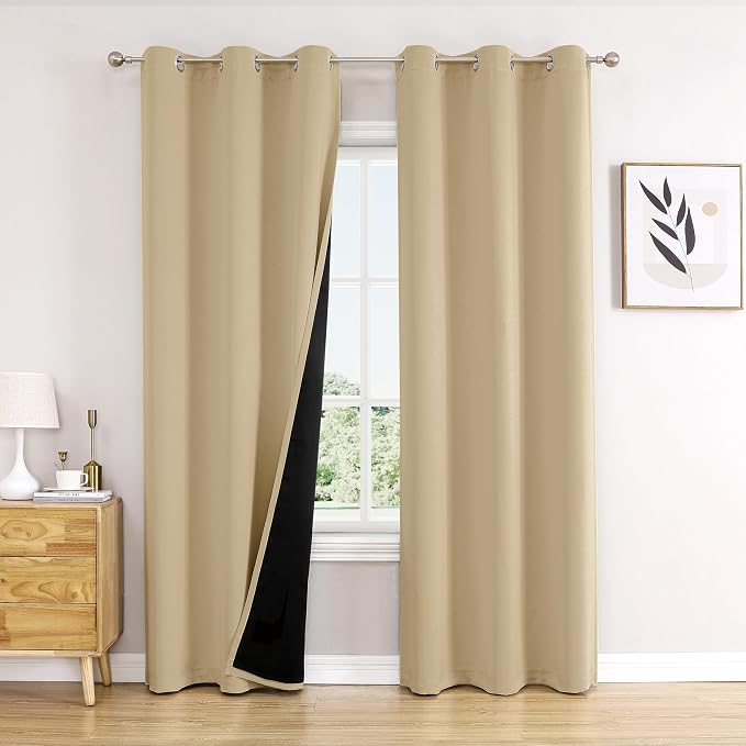 ChrisDowa 100% Blackout Curtains for Bedroom 78 Inches Long 2 Panels Set | 2 Thick Layers, Thermal Insulated, Light Blocking, Grommet, Window Treatment, Living Room Drapes, Beige, 42 x 78 Inch