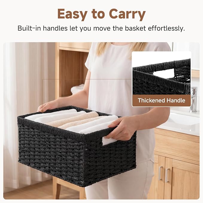 StorageWorks Wicker Storage Baskets for Organizing, Black Baskets, 2-Pack | Paper Rope Wicker Baskets with Handles, Black Storage Baskets for Shelves, Black Wicker Baskets, Woven Baskets