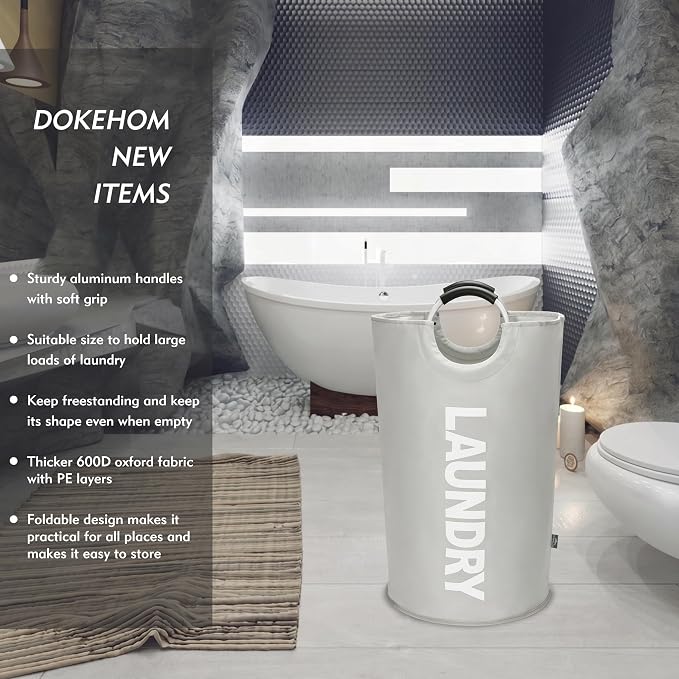 DOKEHOM 125L X-Large Collapsible Washing Laundry Basket Bag (7 Colors) for Bedroom, Fabric (Grey, XL) | Freestanding tall washing bin & foldable laundry bag. Extra large clothes storage basket with durable sturdy handles