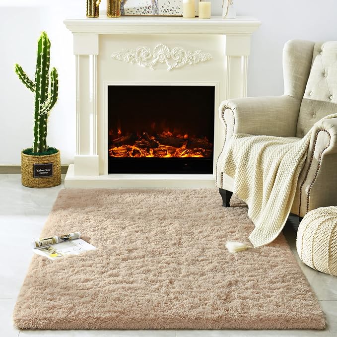 Modern Soft Fluffy Large Shaggy Rug for Bedroom Livingroom Dorm Kids Room Indoor Home Decorative, Non-Slip Plush Furry Fur Area Rugs Comfy Nursery Accent Floor Carpet 4'x6' Light Tan