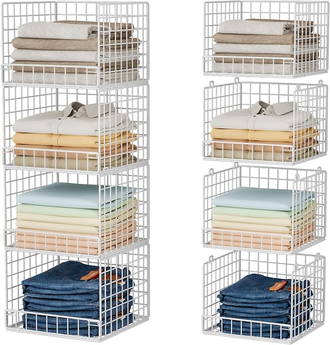 4-Tier Stackable Closet Organizers and Storage Baskets, Closet Shelf Organizer, Space-Saving Clothes Storage Drawer, Foldable Clothes Storage Bins for Closet Organizer System, White(Patent 30022416)