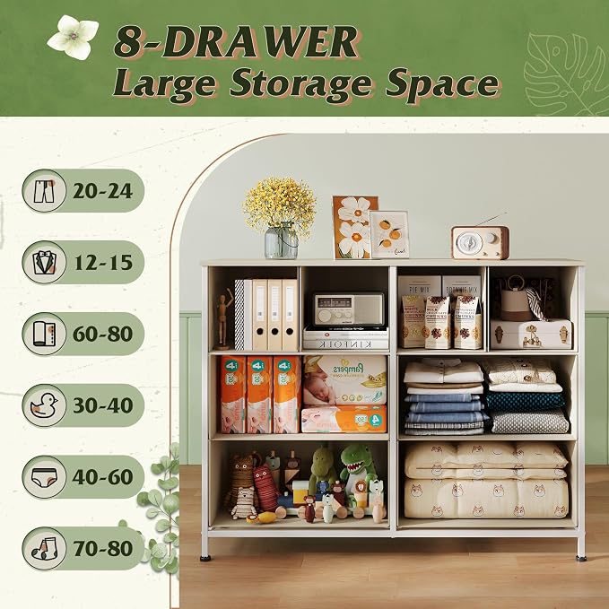 WLIVE Wide Dresser for Bedroom, 8 Drawer Chest of Drawers, Light Grey | 8 roomy fabric drawers, Wide storage design, Bedroom or closet use, Sturdy steel frame, Smooth wood tabletop