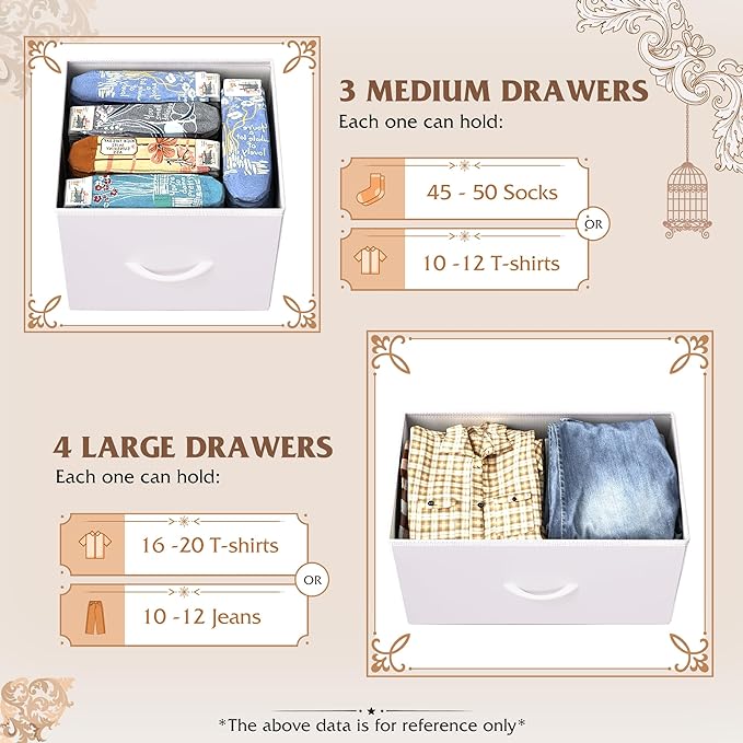 WLIVE Dresser for Bedroom, 7 Drawers, TV Stand, White | 7 roomy fabric drawers, Fits TVs up to 45 inch, Bedroom or living room, Wide storage design, Chest of drawers