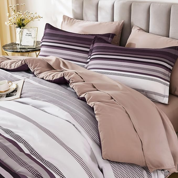Dobuyly Purple Comforter Set King Size 7 Piece, Boho Striped Bed in a Bag King Soft Microfiber Bedding Sets with Comforter, Sheets, Pillowcases & Shams All Season
