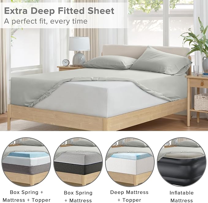 Comfort Spaces 100% Cotton Percale Sheets King Extra Deep Pocket, 4 Pcs | Crisp, Cool & Breathable Bed Sheets, 22" Deep Pocket Fits Up to 24" Mattress, Lightweight, All Season Cozy, Grey