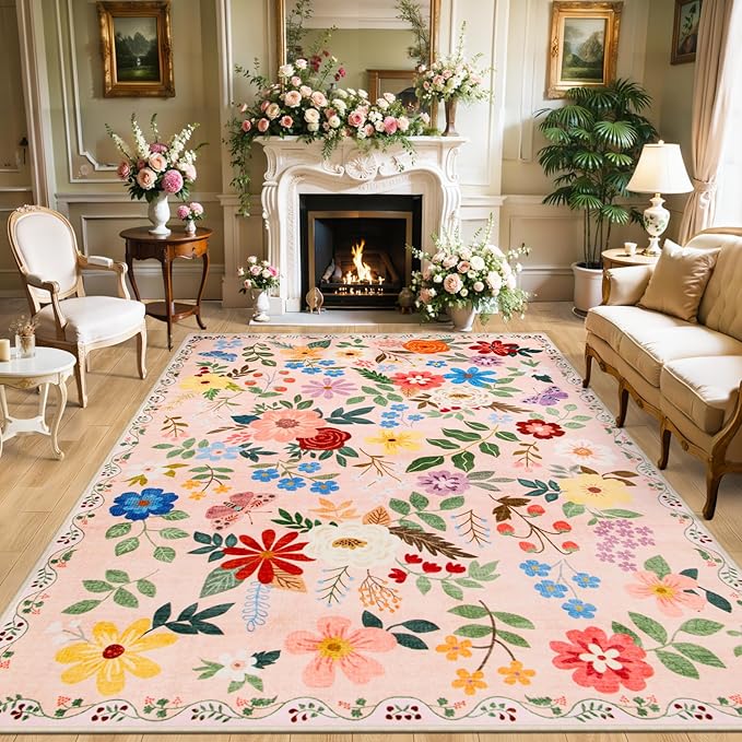 PLHXFR Area Rug 10x12 Living Room: Floral Washable Boho Soft Carpet Beige | For Bedroom Dining Room Farmhouse Nursery Hallway,Vintage Floral,Machine washable,Non Slip,Stain Resistant,Large Indoor