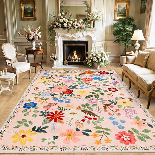 PLHXFR Area Rug 10x12 Living Room: Floral Washable Boho Soft Carpet Beige | For Bedroom Dining Room Farmhouse Nursery Hallway,Vintage Floral,Machine washable,Non Slip,Stain Resistant,Large Indoor