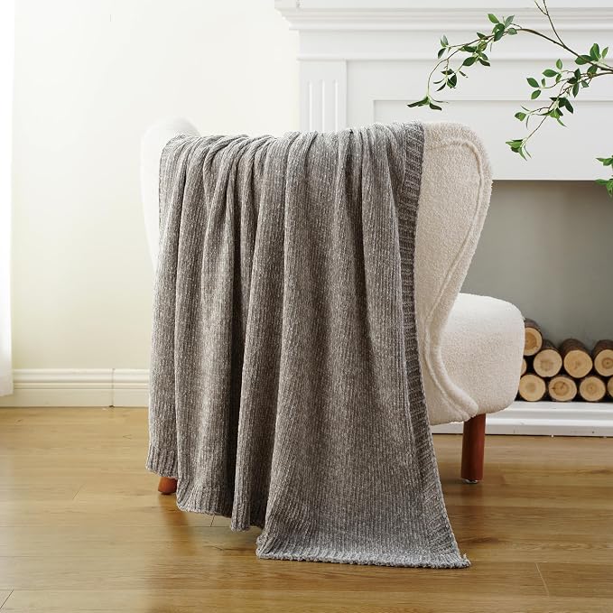 Chenille Throw Blanket for Couch Sofa, Light Grey Throw Blanket 51"x67" | Shiny Chenille Blanket, Soft Cozy Gray Knit Throw Blanket, Knitted Chenille Throw Blanket for Chair, Living Room, Home Decor