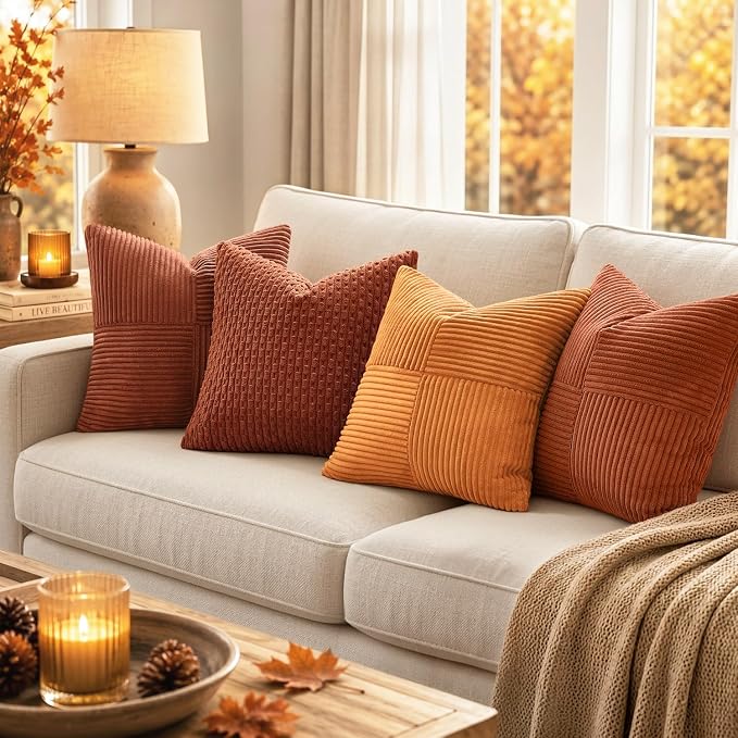 MIULEE Fall Rust Boho Decorative Throw Pillow Covers for Couch 18x18 Inch | 2 Pack, Boho Farmhouse Pillow Covers, Soft Cross Corduroy Patchwork Textured Cushion Cases For Bed Sofa
