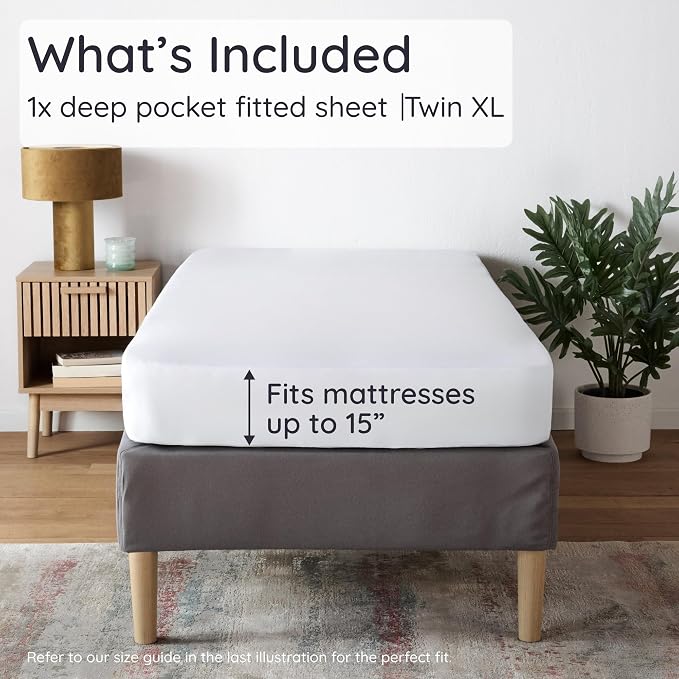 Bambaw 100% Viscose Derived from Bamboo Fitted Sheet Twin XL – Twin XL Single Fitted Sheet, Cooling, Soft & Breathable, Crisp & Smooth Feel, Deep Pocket Fits Up to 15" Mattresses (White)