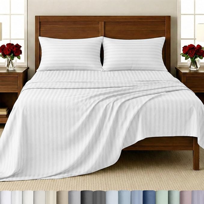California Design Den 100% Cotton Sateen Twin Size Bed Sheets Set, 3 Pcs | Soft 500 Thread Count Backed by Good Housekeeping Seal, All-Around Elastic, Easy Care, OEKO-TEX certified - White Striped