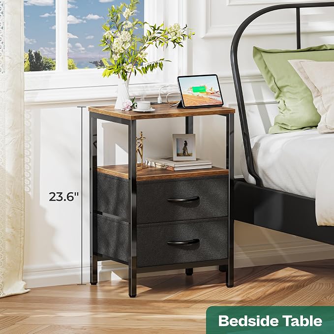 Huuger Nightstand with Charging Station, Side Table with Fabric Drawers, End Table with Open Shelf, Bedside Table with USB Ports and Outlets, Night Stand for Bedroom, Rustic Brown and Black | End Table with Open Shelf, Bedside Table with USB Ports and ...
