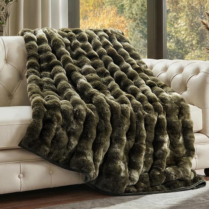 EverGrace Faux Rabbit Fur Bubble Throw Blanket, 60"x80", Marble Olive | Ultra Soft, Luxury Faux Rabbit Fur Throw, Thick Warm Bubble Blanket, Cozy Fluffy Reversible, for Bed, Couch, Chair, Sofa