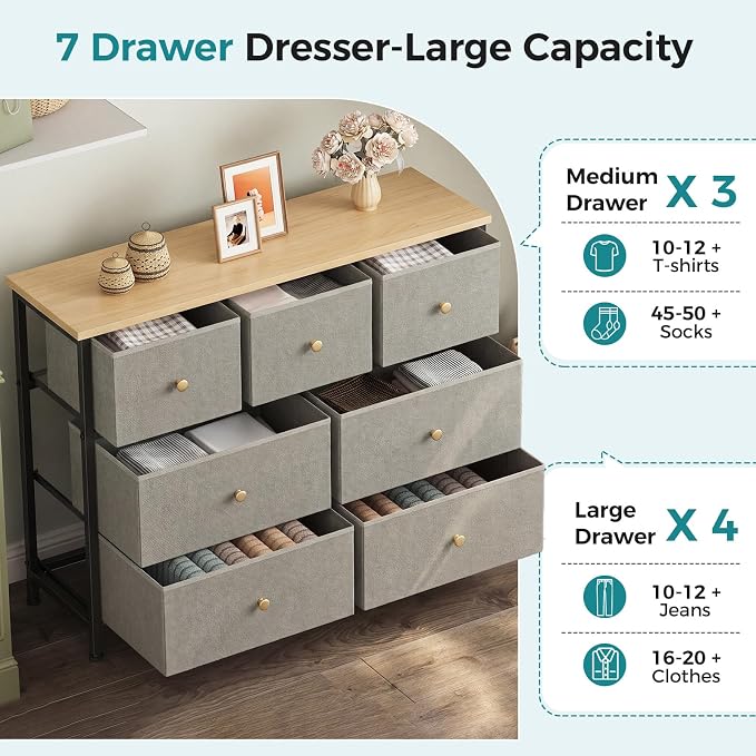 OLIXIS 7 Drawer Fabric Dresser, Storage Tower for Bedroom and Closet | Easy-Pull Bins for Closet Organizers, Chest of Drawers with Steel Frame & Wooden Top for Living Room, Entryway, Dark Green