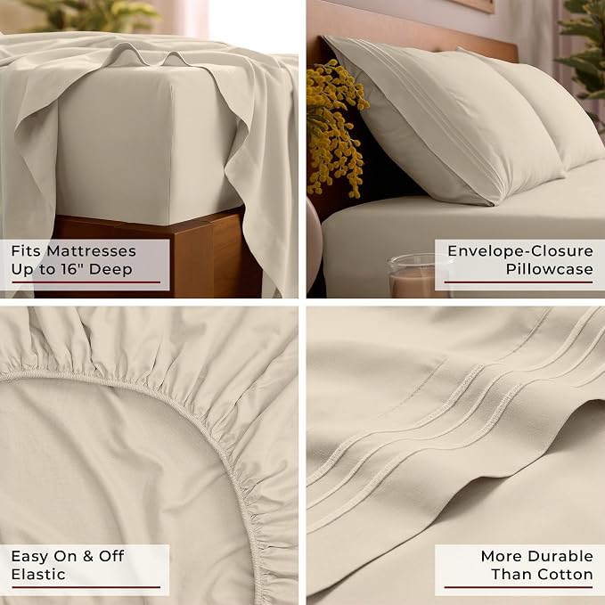 Mellanni Queen Sheets Set - 4 PC Iconic Collection Bedding | Hotel Luxury, Extra Soft, Cooling Bed Sheets - Wrinkle, Fade, Stain Resistant (Queen, Beige)