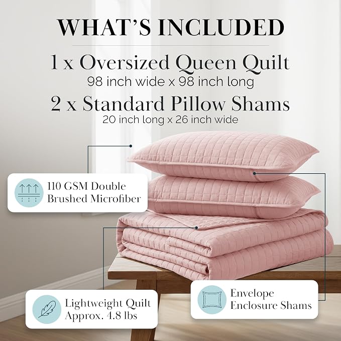 Southshore Fine Living, Inc. Stitched Pink Queen Quilt Bedding Set, Oversized Quilts Queen Size/Full, Pet Hair Resistant Bedding, Soft Cozy Bedspread, Full Size Coverlet, 2 Pillow Shams, Pastel Pink